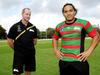 L to R: South Sydney Rabbitohs Coach Michael Maguire presents a jersey to South Sydney Junior Representative Captain Sifa Talakai -17, at Erskineville Oval. Picture: John Appleyard