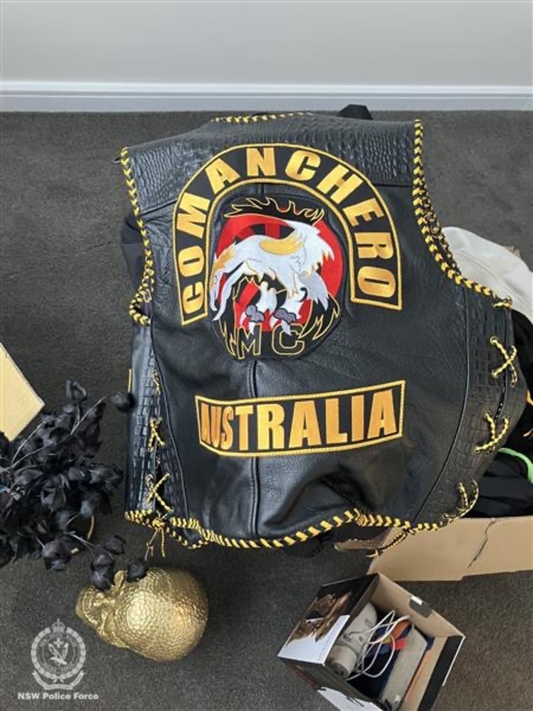 A vest from the Comanchero motorcycle club was seized as part of the arrests. Picture: NSW Police