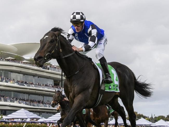 MELBOURNE, AUSTRALIA - OCTOBER 07: Mark Zahra riding Gold Trip defeats Jamie Spencer riding West Wind Blows and Craig Williams riding Soulcombe in Race 8, the Tab Turnbull Stakes, during Melbourne Racing at Flemington Racecourse on October 07, 2023 in Melbourne, Australia. (Photo by Vince Caligiuri/Getty Images)