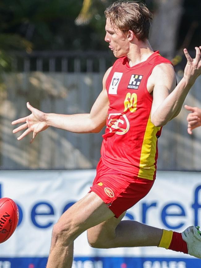 William Bella of the Suns releases the ball during the VFL Round 15 match between the Aspley Hornets and the Gold Coast Suns at Graham Road Oval on July 24, 2021 in Brisbane, Australia. (Photo by Russell Freeman/AFL Photos)