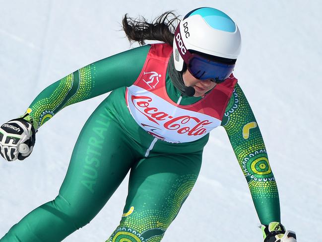 Supplied image of Australian B2 Paralympic skier Melissa Perrine (with guide Christian Gieger) during the Women's Downhill - Visually Impaired during day one of the PyeongChang 2018 Paralympic Games in PyeongChang, South Korea, Saturday, March 10, 2018. (AAP Image/Australian Paralympic Committee, Sport The Library, Jeff Crow) NO ARCHIVING, EDITORIAL USE ONLY