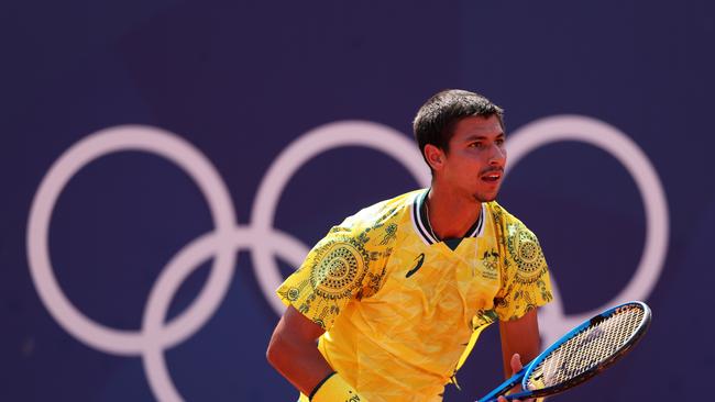 Alexei Popyrin in sweltering heat at Roland Garros on Tuesday. Picture: Matthew Stockman/Getty Images