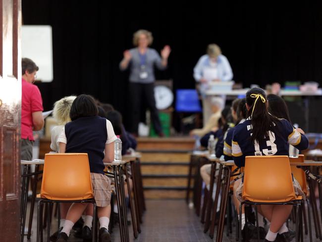 Students from Hornsby Girls High coming out of their first HSC exam.