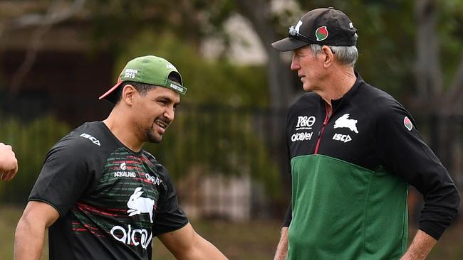 Coach Wayne Bennett (right) with Cody Walker at a Rabbitohs training. Picture: AAP Image/Dean Lewins