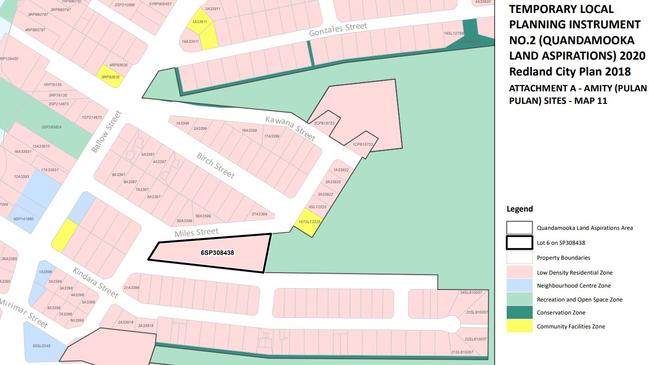 A map of Amity township on North Stradbroke Island showing possible land subdivisions for housing.