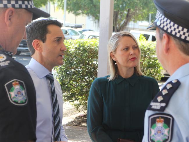 Premier David Crisafulli and Member for Barron River Bree James meet with Chief Superintendent for the Far North Kevin Fitzgibbon, Cairns City Patrol Group Inspector Jamie Horn and Officer in Charge of Cairns Station Acting Senior Sergeant Lyall McKelvie. Picture: Samuel Davis