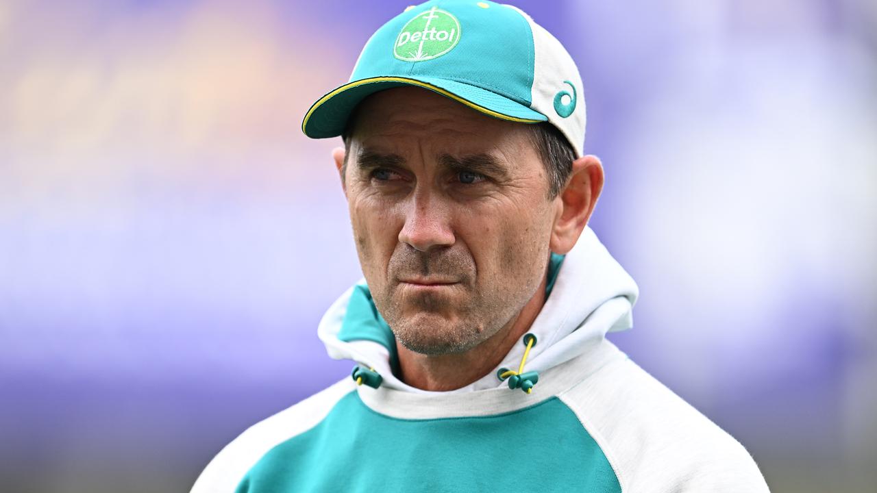 HOBART, AUSTRALIA - JANUARY 12: Justin Langer Head Coach of Australia watches on during an Australian Ashes squad nets session at Blundstone Arena on January 12, 2022 in Hobart, Australia. (Photo by Steve Bell/Getty Images)