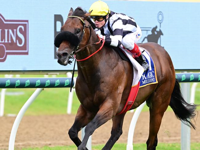 Barassi wins the rich Magic Millions Maidens Plate for trainers Trent and Toby Edmonds and jockey Craig Williams. Picture: Grant Peters, Trackside Photography.