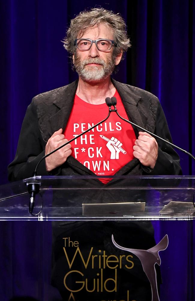 NEW YORK, NEW YORK - APRIL 14: Neil Gaiman speaks onstage during the 2024 Writers Guild Awards New York Ceremony on April 14, 2024 in New York City. (Photo by Jamie McCarthy/Getty Images for Writers Guild of America East)