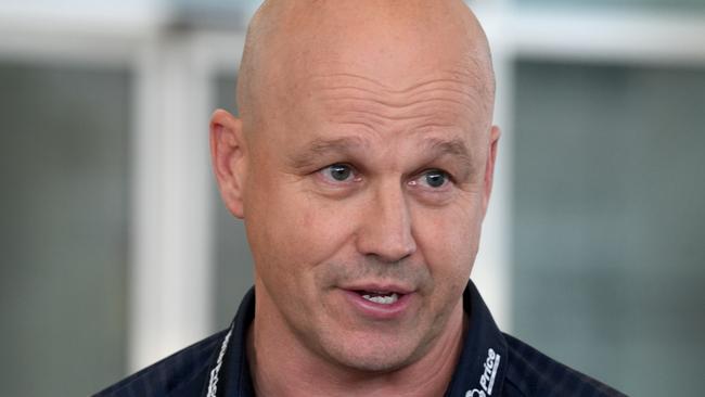 Adelaide Crows Matthew Nicks press conference at Adelaide airport prior to the team flying out to Sydney. 23 August 2024. Picture Dean Martin