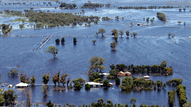 Aerial view of inundated properties after the Lodden River burst its banks creating a small inland sea in Northern Victorian town of Kerang near the NSW border following days of torrential rain in area and widespread flooding.