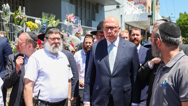 Peter Dutton visits the Adass Israel Synagogue in Melbourne on Monday. Picture: Brendan Beckett