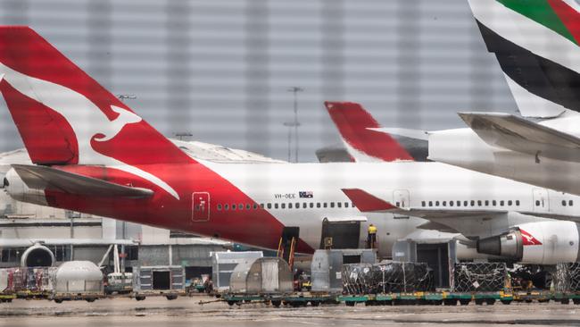 Qantas 747 VH-OEE in Sydney on Sunday, before leaving for Wuhan. Picture: Monique Harmer