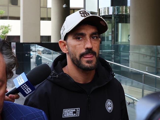 PERTH, AUSTRALIA - JUNE 12: Richmond Tigers AFL player Marlion Pickett and his manager Anthony Van Der Wielen walk out from the Perth Magistrates Court on June 12, 2023 in Perth, Australia. Pickett has been accused of involvement in burglaries in December 2022 and January 2023. (Photo by Paul Kane/Getty Images)