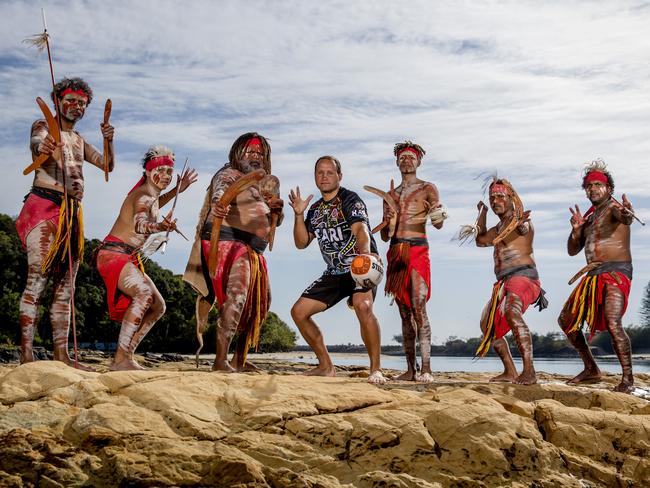 Titans half Tyrone Roberts at Tallebudgera Creek with Yugambeh clan members Anthony Cora, Jakeem Thompson, Luther Cora, Hez Cora, Gabriel Willie and Jay Thompson, ahead of the NRL All Stars game in February 2020. Picture: Jerad Williams