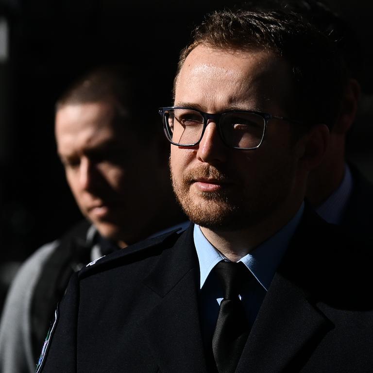 Constable Randall Kirk arrives at court in Brisbane to give evidence for the Wieambilla massacre inquest. Picture: Dan Peled