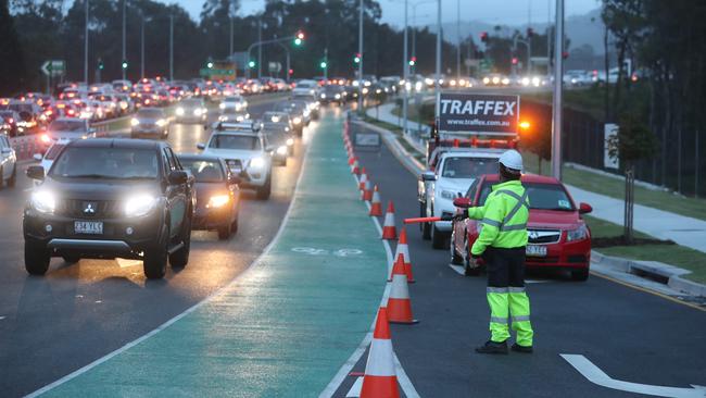 A traffic management plan was implemented at Coomera Westfield this afternoon following traffic chaos this morning. Photo by Richard Gosling