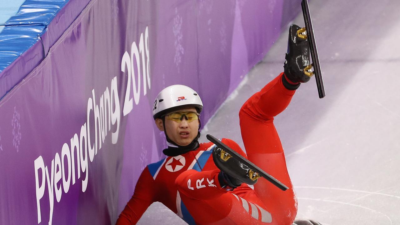 North Korea’s Kwang Bom Jong crashes out during the 2018 Olympic Games.