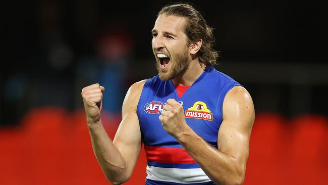 AFL Round 16. Western Bulldogs vs West Coast Eagles at Metricon Stadium. 05/09/2020...  Marcus Bontempelli, skipper of the Bulldogs celebrates the win as the final siren sounds  . Pic: Michael Klein