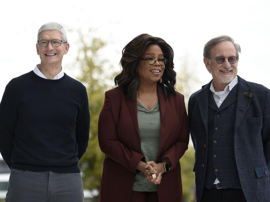 Apple CEO Tim Cook, Oprah Winfrey and filmmaker Steven Spielberg. Picture: Getty Images/AFP 