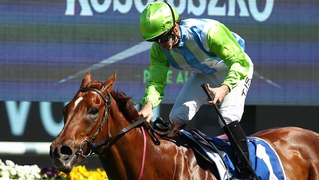 SYDNEY, AUSTRALIA - OCTOBER 14:  Tyler Schiller riding Front Page wins Race 5 The Kosciuszko during Sydney Racing - TAB Everest Day at Royal Randwick Racecourse on October 14, 2023 in Sydney, Australia. (Photo by Jeremy Ng/Getty Images)