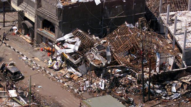 Aerial view of the wreckage of the Sari night club and surrounding buildings after the attack in Bali in 2002.