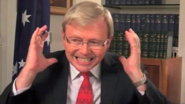 Red is not a calm colour ... Former prime minister Kevin Rudd caught on camera expressing his frustration. 