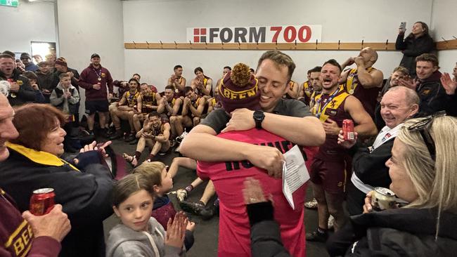 Michael Kinsella shares a hug with good mate and former coach Liam Wilson. Picture: Tyler Lewis