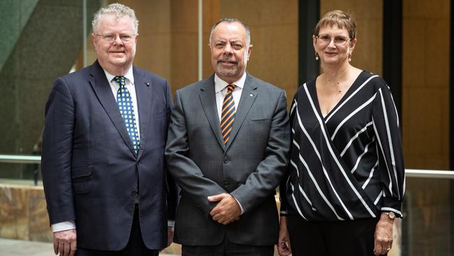 Royal Commission into Defence and Veteran Suicide chair Nick Kaldas, centre, with commissioners James Douglas, left, and Peggy Brown. Picture: Julian Andrews