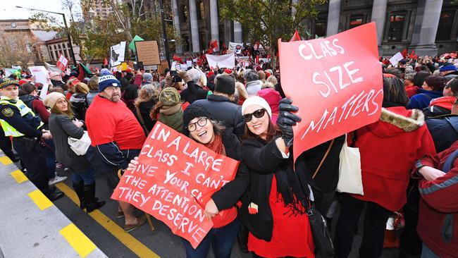 Teachers from across South Australia rally on the steps of Parliament House in July. Picture: AAP/Mark Brake