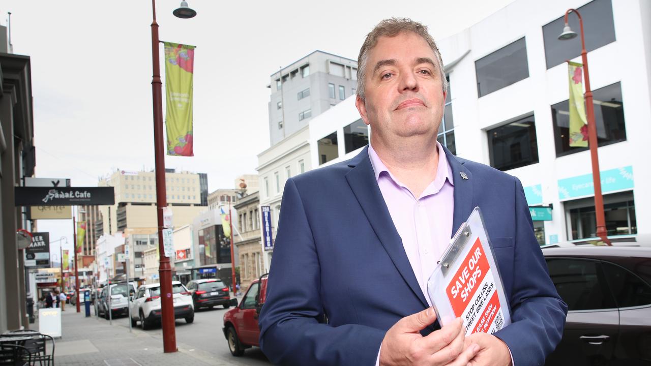 Chair of the Confederation of Greater Hobart Business Edwin Johnstone on Collins St in Hobart. The group has successfully gathered 1000 signatures via a petition to hold a public meeting on the bike lanes trial. Picture: Linda Higginson