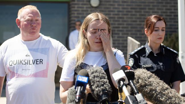 Samantha Murphy’s daughter Jess Murphy and husband Mick Murphy speak to media outside Ballarat West Police Station. Picture: NCA Newswire / Nicki Connolly