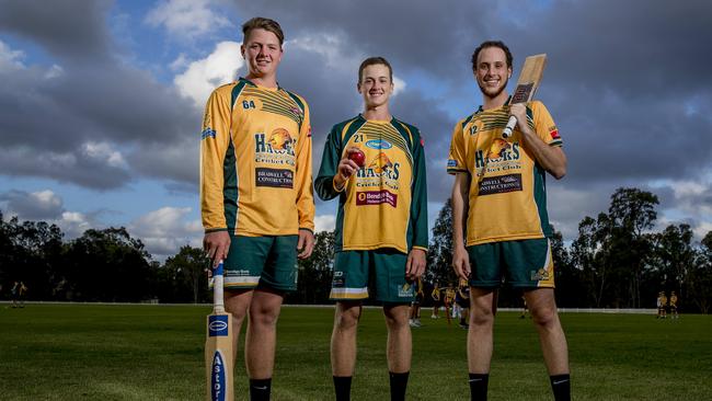 Three brothers from Helensvale Pacific Pines Cricket Club Sam Lickiss, Harry Lickiss, and Jack Lickiss. Picture: Jerad Williams.