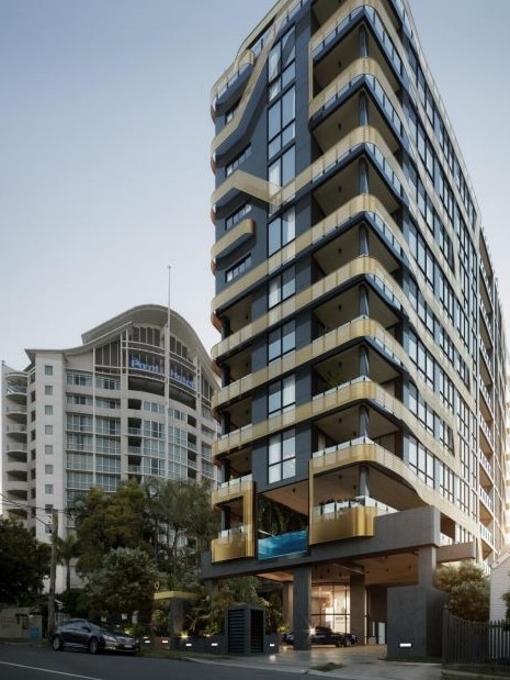 An artist impression of the 10 storey apartment block a developer wants to drastically alter the lay out of, to have fewer one and two bedroom apartments in favour of four bedroom units in Lambert St, Kangaroo Point. Pic: BCC/Hayes Anderson Lynch Architects