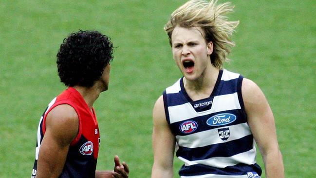 03/09/2005. Gary Ablett Jr gives Aaron Davey a spray after he kicked a goal. Melbourne v Geelong. MCG. 2nd Elimination Final.