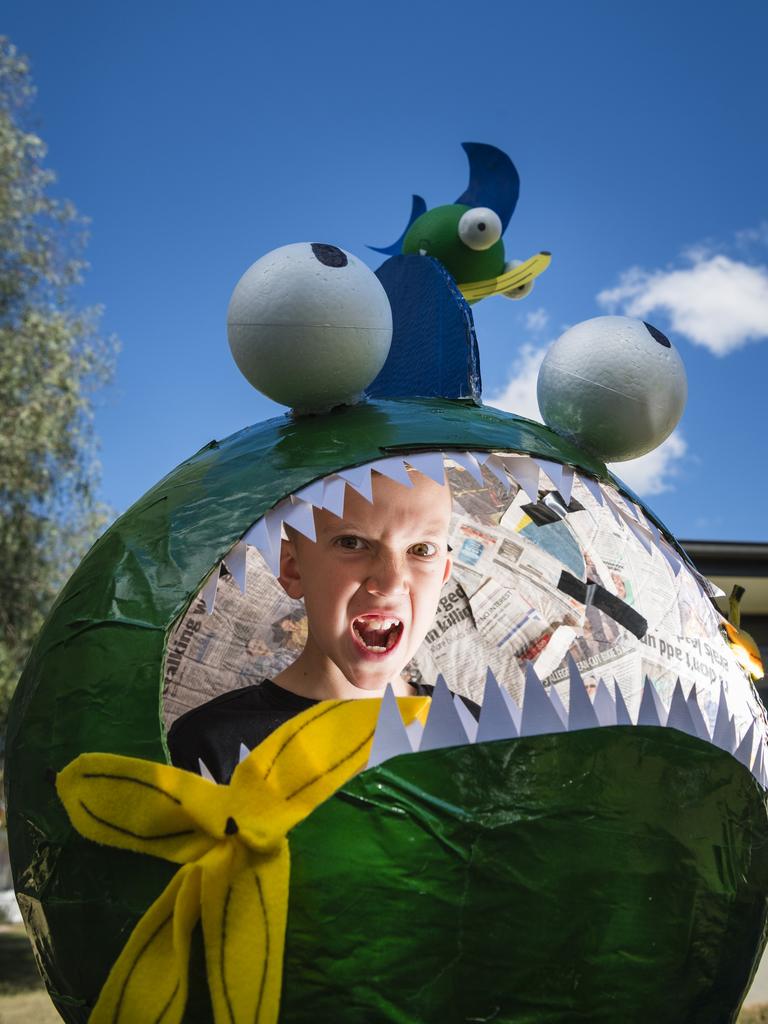 Clifton State School student Caleb Morris with his piranha costume inspired by Piranhas Don't Eat Bananas. Picture: Kevin Farmer