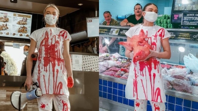 Vegan activist Tash Peterson storms KFC, spills blood, screams at diners | Sky News Australia