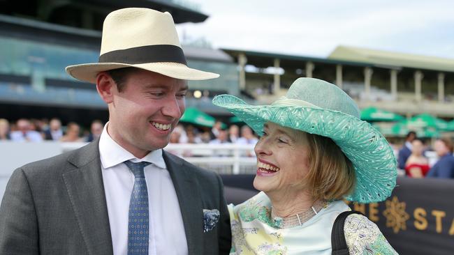 Gai Waterhouse (right) and co-trainer Adrian Bott (left) saddle up favourite Riodini and Discharged in the Epsom. Picture: Getty Images