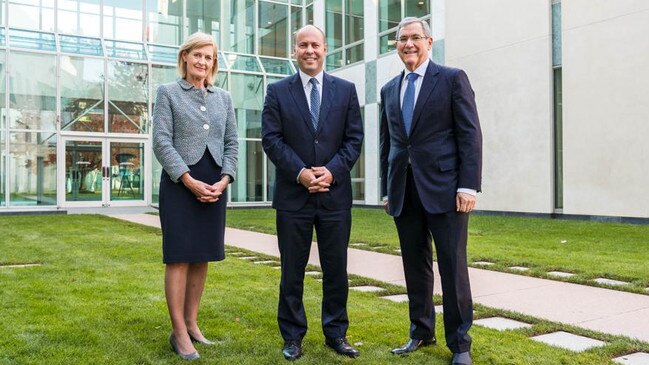 Treasurer Josh Frydenberg with new ASIC Chair Joe Longo and ASIC deputy Sarah Court.