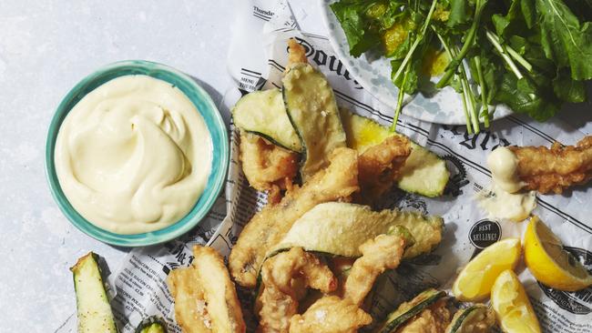 Flathead tempura and zucchini chips with lemon aoli. Picture: Craig Wall. Styling: Jenn Tolhurst