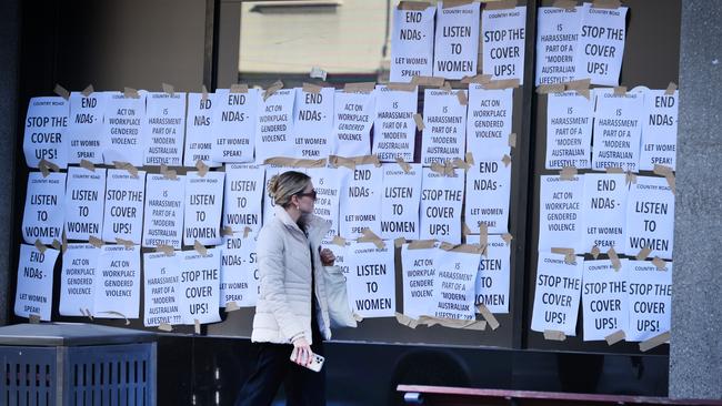 Country Road protest posters at its South Yarra store. Picture: David Caird