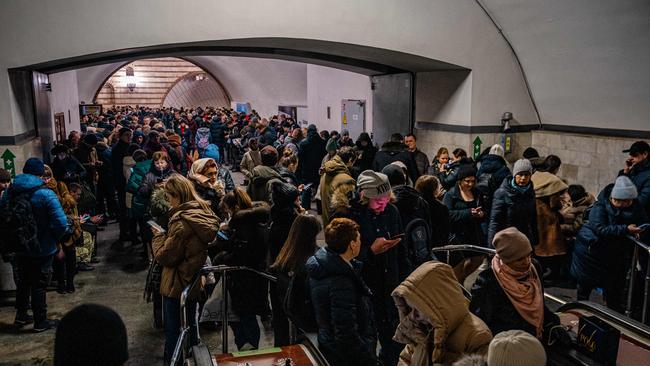 Civilians take shelter inside a metro station during air raid alert in the centre of Kyiv. Picture: AFP