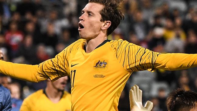 Craig Goodwin of Australia reacts after having a shot saved by Kiran Kumar Limbu of Nepal during the FIFA World Cup Asian Qualifiers match between the Australian Socceroos and Nepal at GIO Stadium in Canberra, Thursday, October 10, 2019. (AAP Image/James Gourley) NO ARCHIVING, EDITORIAL USE ONLY.