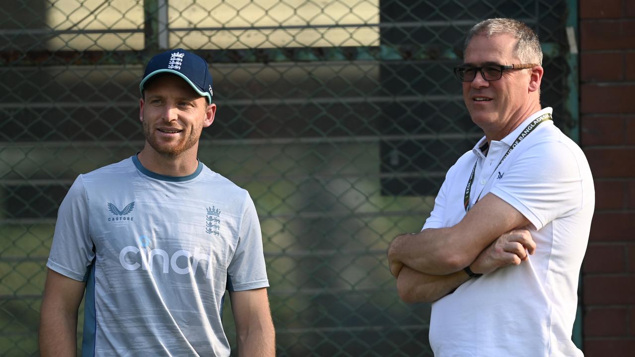 England captain Jos Buttler speaks with ECB chief executive officer Richard Gould. Photo by Gareth Copley/Getty Images