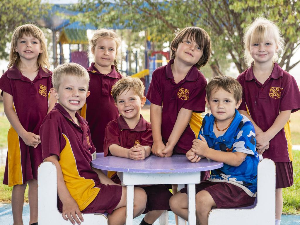 My First Year 2023: Southbrook Central State School Prep students (from left) Amity, Moshe, Kaia, Royce, Harrison, Liam and Makala, Wednesday, February 22, 2023. Picture: Kevin Farmer