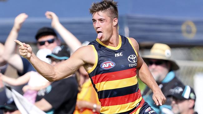 Riley Knight celebrates a goal during this year’s pre-season clash against Port Adelaide at Port Pirie. Picture: SARAH REED.