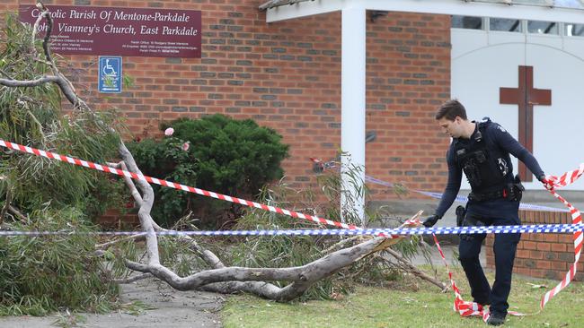 Police at the scene where a tree branch fell on three schoolgirls. Picture: Alex Coppel