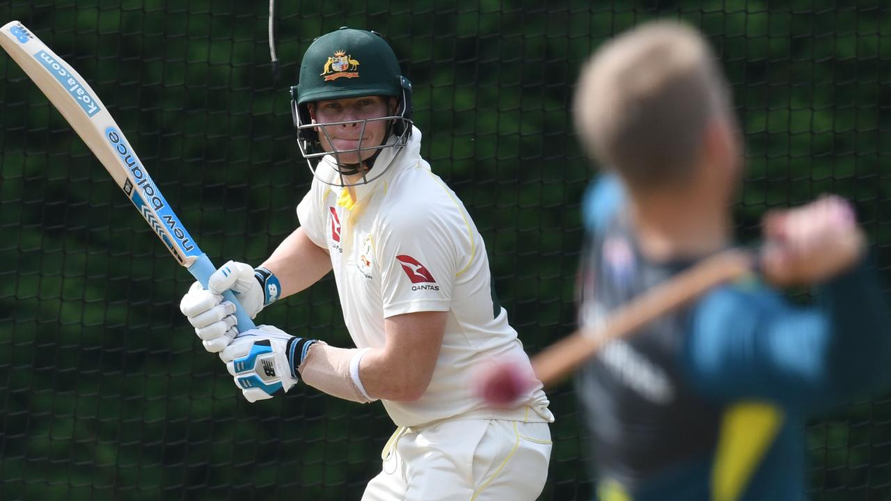 Australia's Steve Smith bats in the nets after getting out on day two.