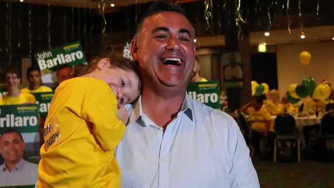 NSW National Leader John Barilaro with his three-year-old old daughter Sofia at his election night event. Picture Kym Smith