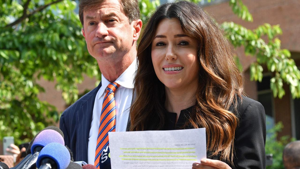 Ben Chew (L) and Camille Vasquez, attorneys for US actor Johnny Depp, address the media outside the Fairfax County Circuit Courthouse. Picture: Nicholas Kamm / AFP